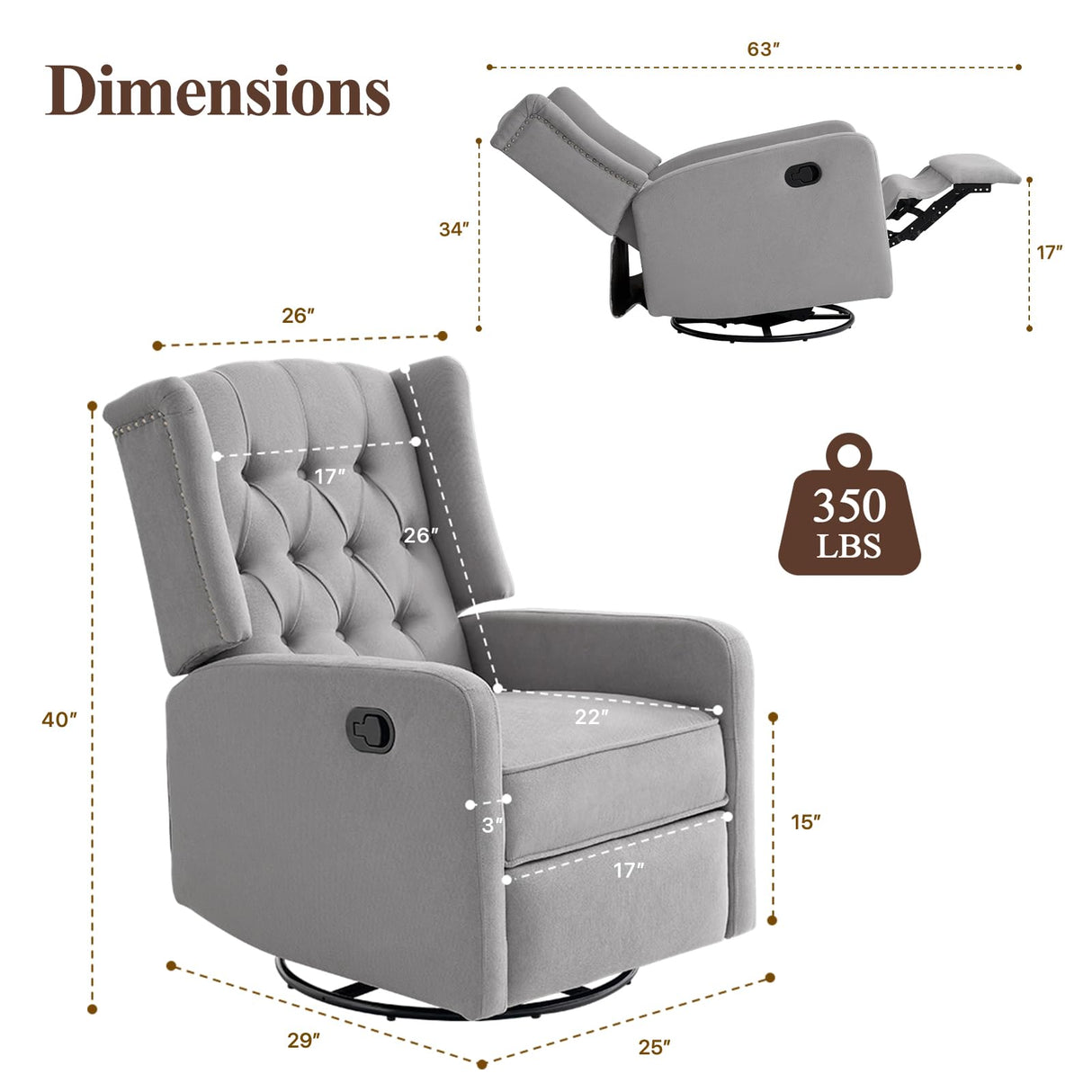 360 Swivel Rocker Recliner Chair for Adults, Nursery Chair for Small Spaces Living Room, Upholstered Fabric Glider Recliner, Pigeon Grey RESTREAL