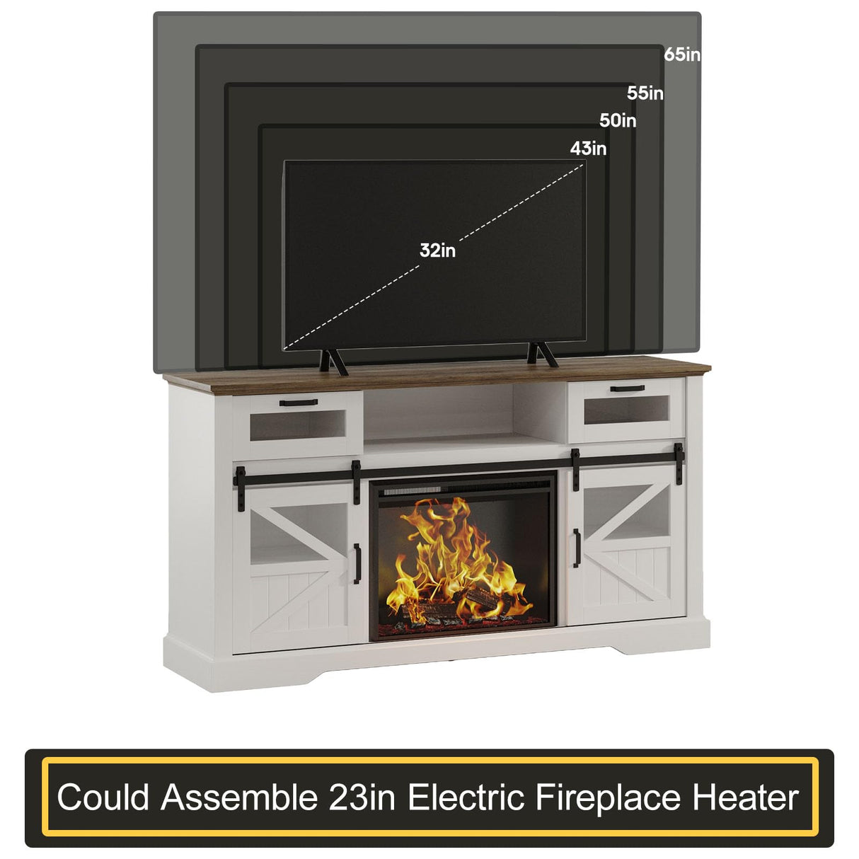 Fameill TV Stand for Televisions up to 65 Inch with Sliding Barn Doors, Glass Media Entertainment Center Storage Cabinet, Adjustable Led Light Farmhouse Console Table, Mid Century Modern White Fameill