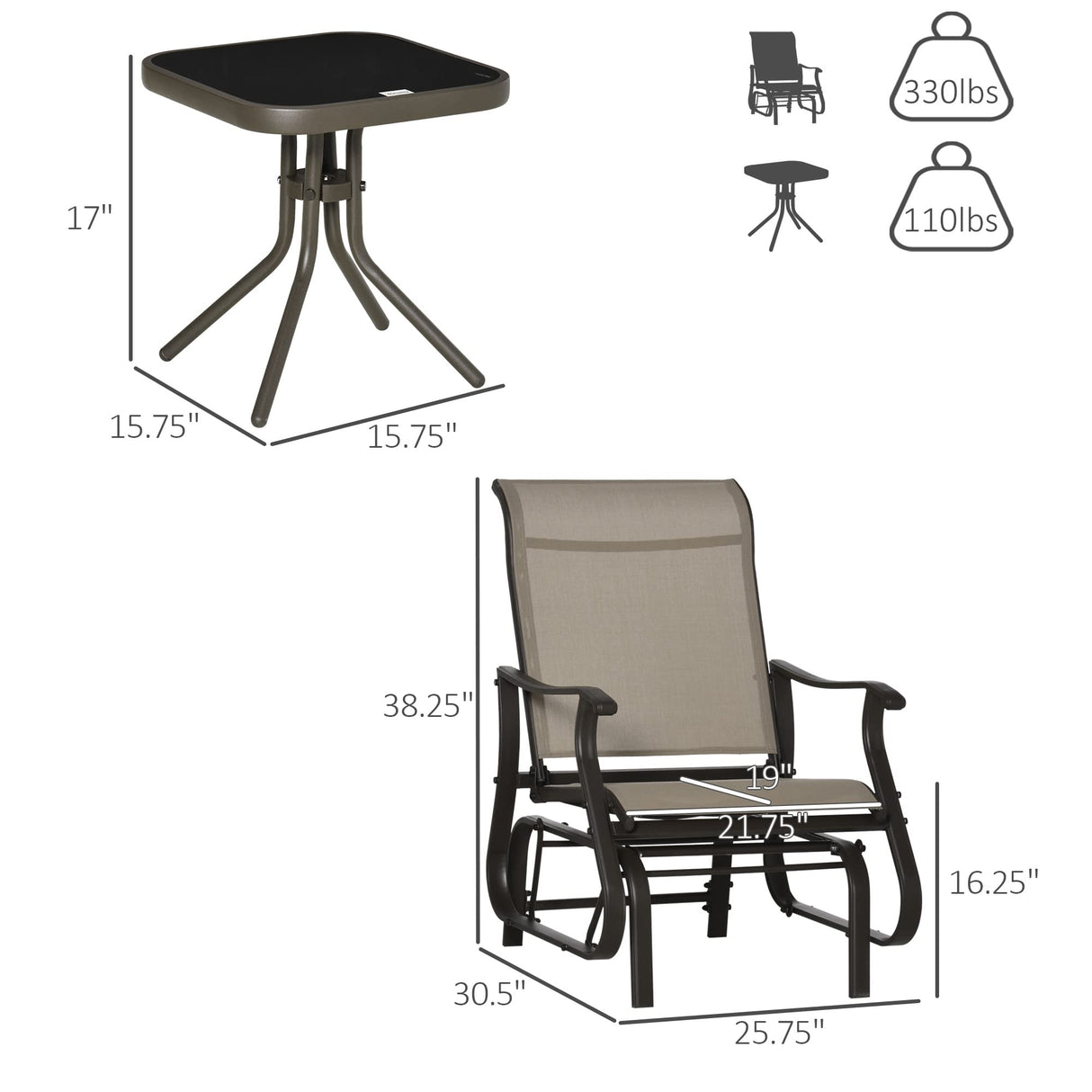 Outsunny 3-Piece Outdoor Gliders Set Bistro Set with Steel Frame, Tempered Glass Top Table for Patio, Garden, Backyard, Lawn, Gray Outsunny