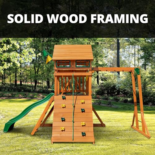 Gorilla Playsets 01-1069-Y Outing Wood Swing Set with Wood Roof and Monkey Bars - Yellow Slide, Amber Gorilla Playsets