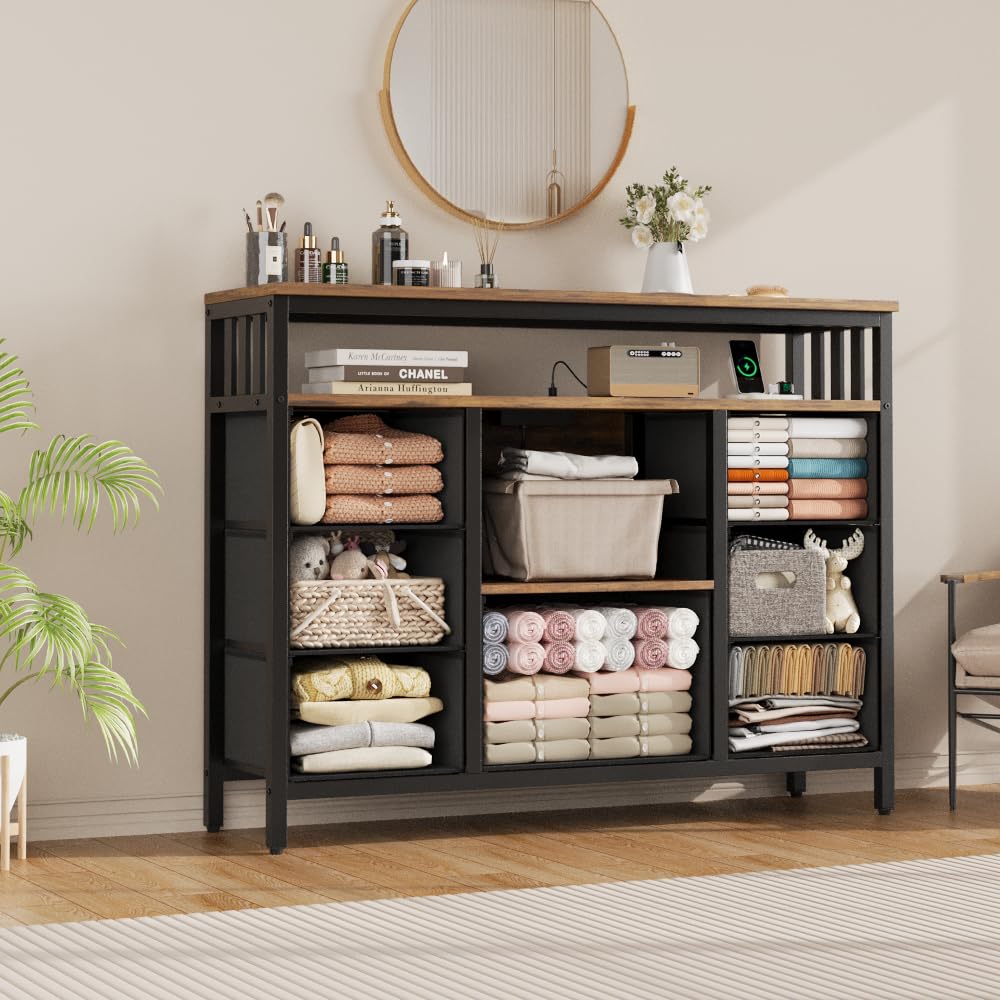 J-yaamiZz 7 Drawer Dresser TV Stand with Power Outlets and LED Lights, Entertainment Center with Open Shelf, Media Console for 50“ TV, Dresser for Bedroom (Brown) J-yaamiZz