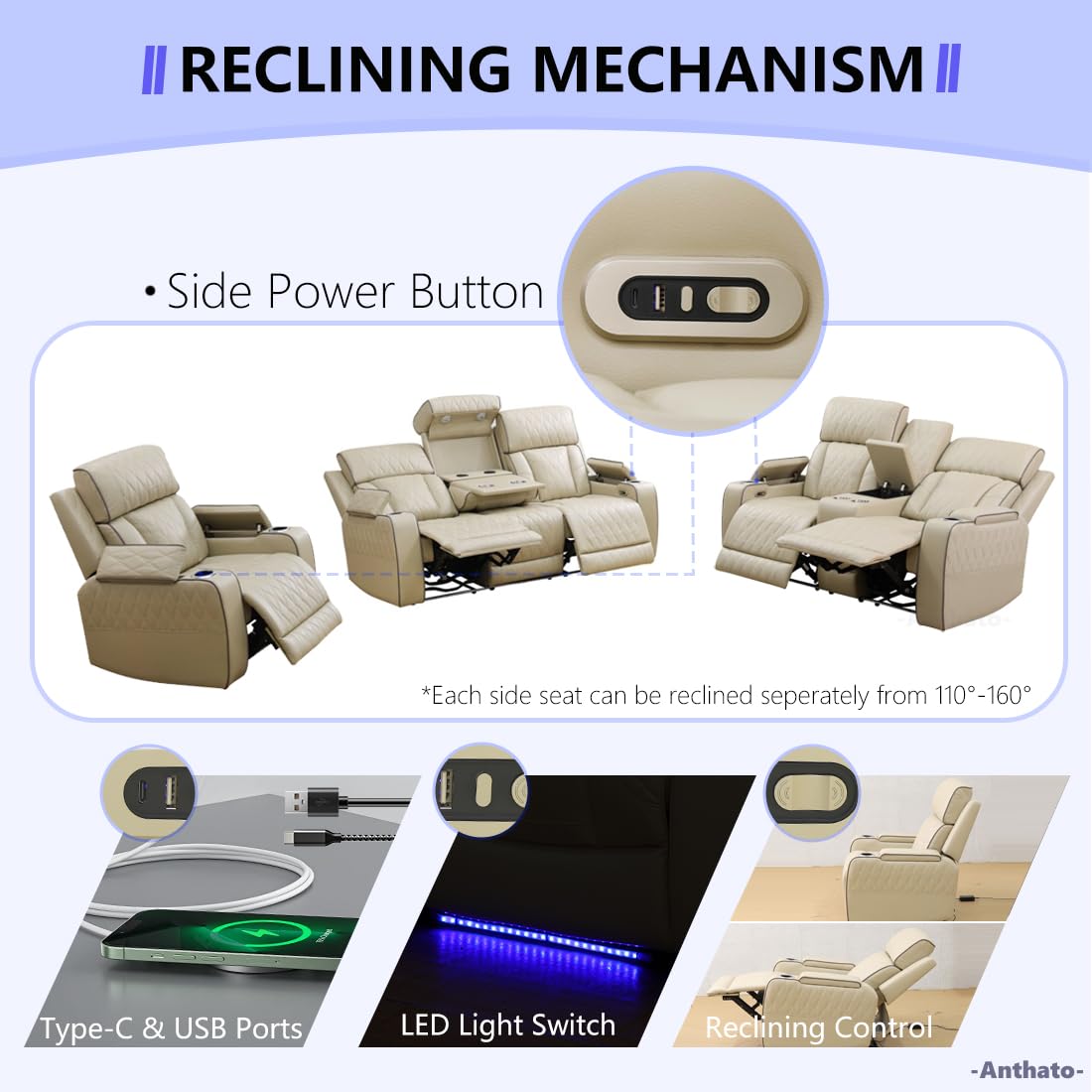 Anthato Power Recliner Sofa Set, Living Room Furniture Sets, Leather Reclining Sofa Set, Recliner Couch Loveseat and Chair with Coffee Table/Cup Holders/Charging Port for Home Theater Seat, Khaki Anthato