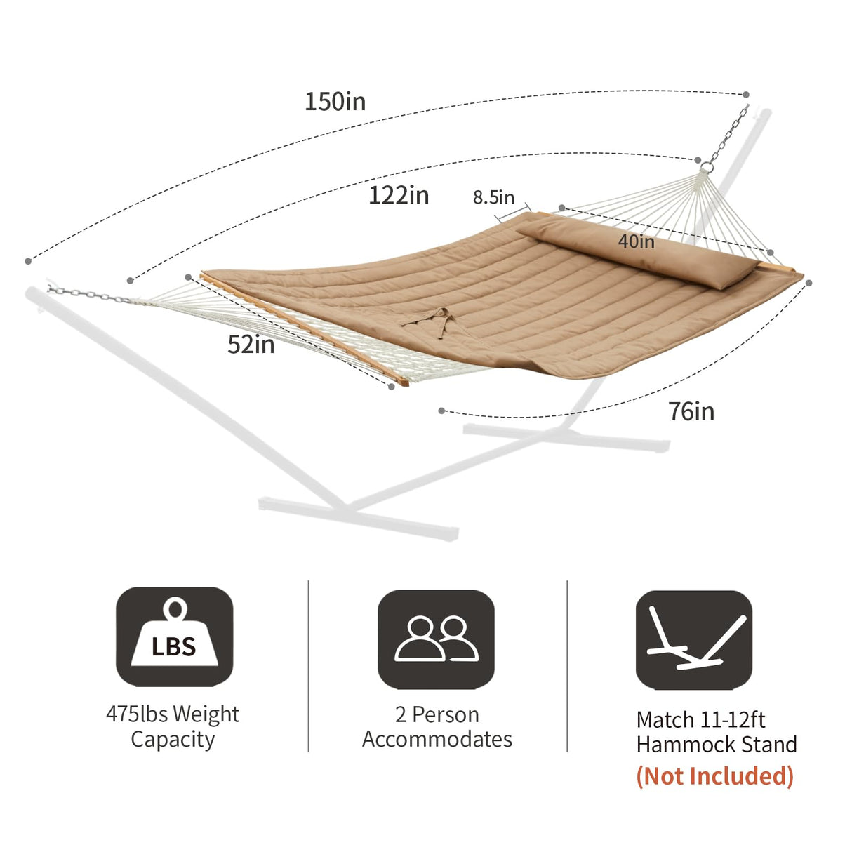 CHULIM Outdoor Double Hammock with Hardwood Spreader Bars, Cotton Rope Hammock with Polyester Pad and Pillow, 475 LBS Capacity 2 Person Hammock, Large Hammock for Patio Backyard Poolside - Tan CHULIM