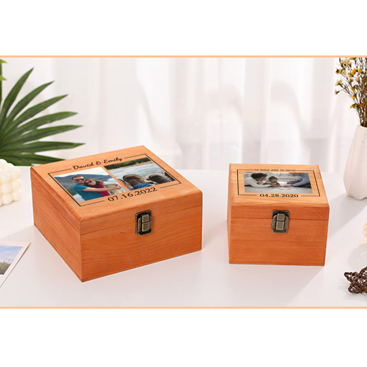 Cooayyaooc Personalized Memory Box with Photo & Text Custom Wooden Keepsake Box with Lids Wood Storage Box Customized Picture, Gifts for Wedding Anniversary Birthday Graduation Memorial Day Cooayyaooc