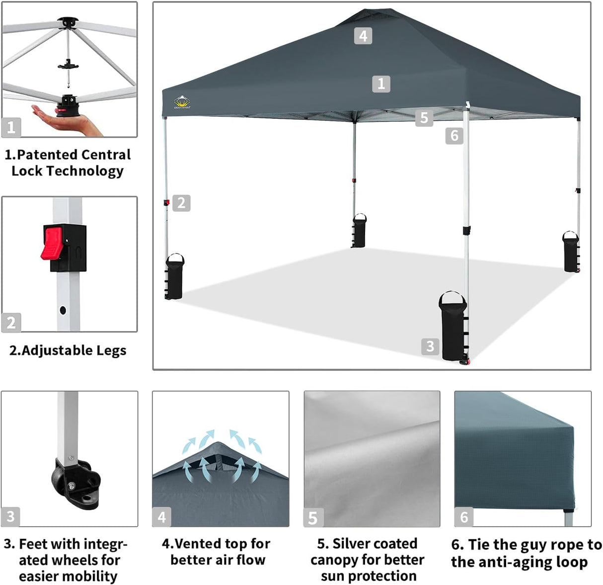 CROWN SHADES 10x10 Pop Up Canopy - Beach Tent with One Push Setup - Easy Outdoor Sun Shade Shelter for Events, Parties - Gazebo with STO-N-Go Cover Bag, Silver Coated Top, Grid Grey CROWN SHADES
