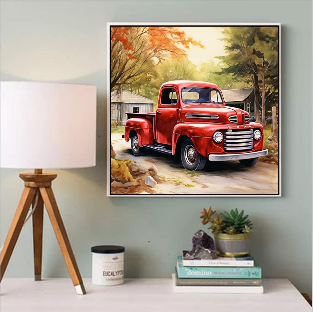 F-CANLAN Round Full Drill Diamond Painting Set, 5D DIY Red Truck Paint with Diamonds Truck Diamond Art Kits with Diamonds Dots for Children Diamond Painting Kit for Adult Room Decor (12X12 inches) F-CANLAN