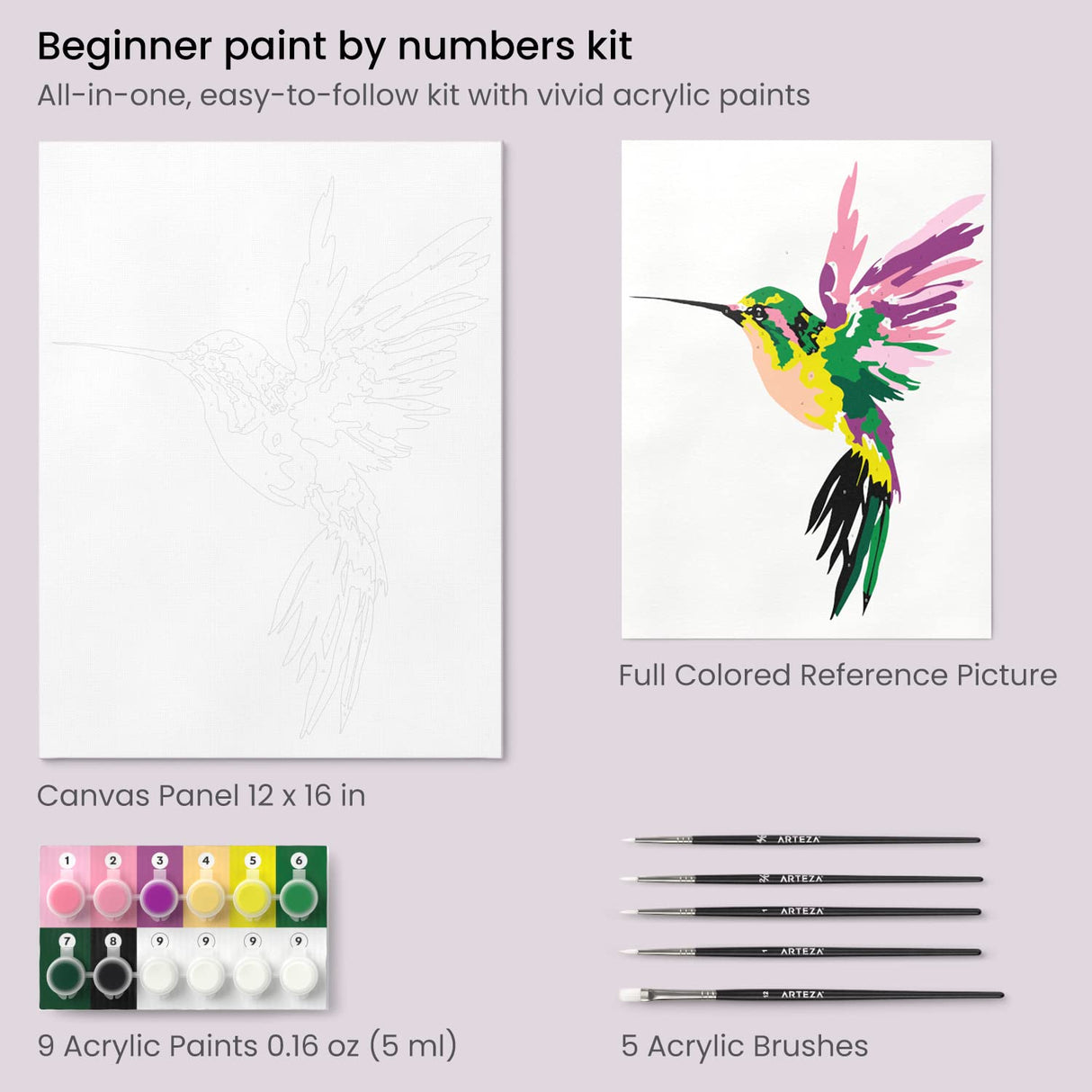 ARTEZA Paint by Numbers for Adults, 12x16 Inches, 21-Piece Hummingbird Painting Kit, Includes Canvas Panel, 12 Acrylic Paint Pots & 5 Paintbrushes for Home & Office Decor ARTEZA