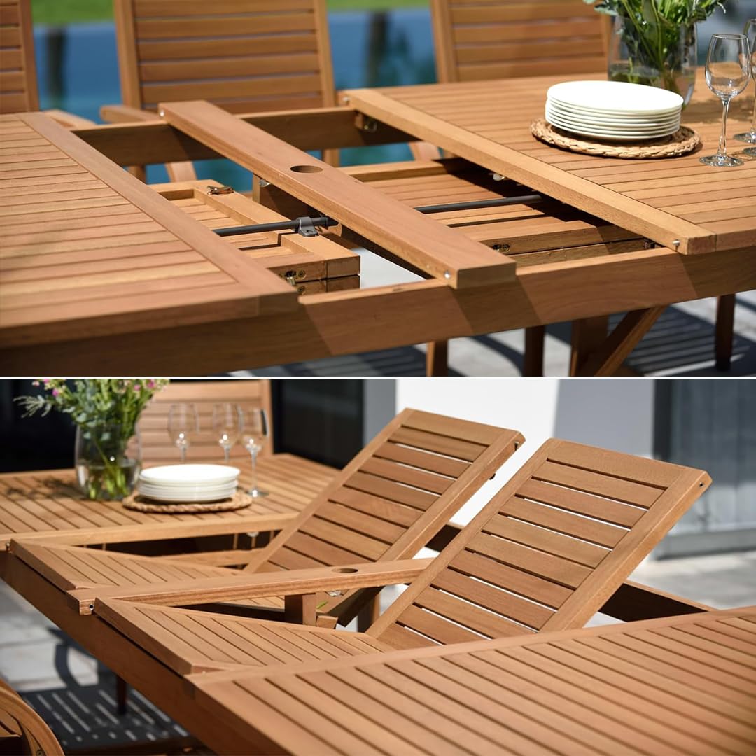 Amazonia Franklin 11-Piece Rectangular Extendable Patio Dining Set | Teak Finish and Weather-Net Technology | Ideal for Outdoors and Indoors Amazonia