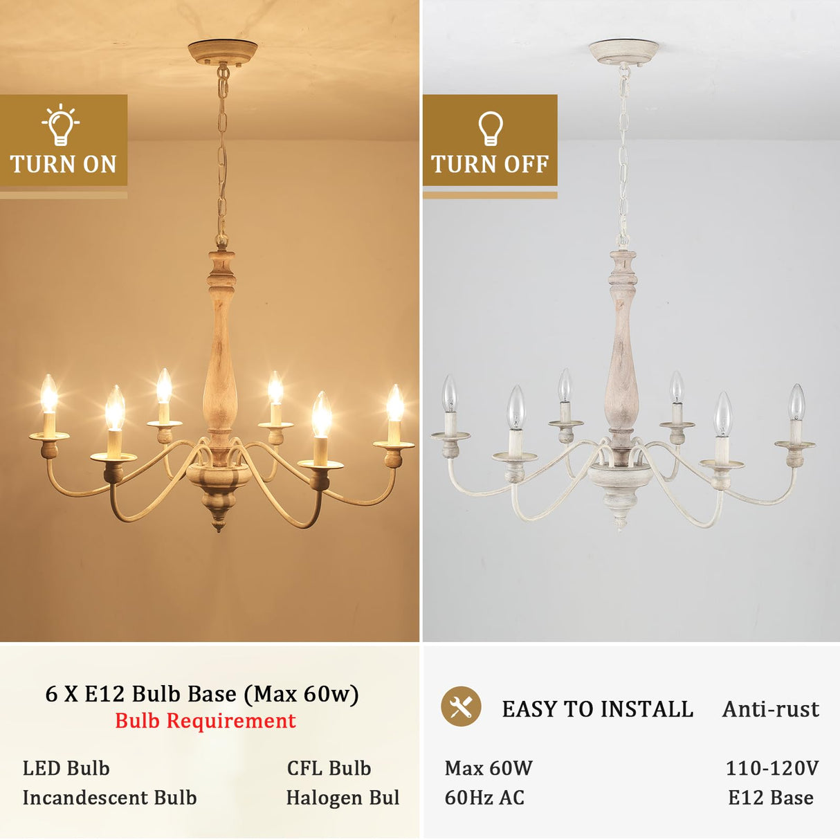 Farmhouse Chandeliers for Dining Room 6 Lights, Distressed White Wood French Country Chandelier, Rustic Chandeliers Farmhouse for Bedroom Living Room Foyer BYKWRTV