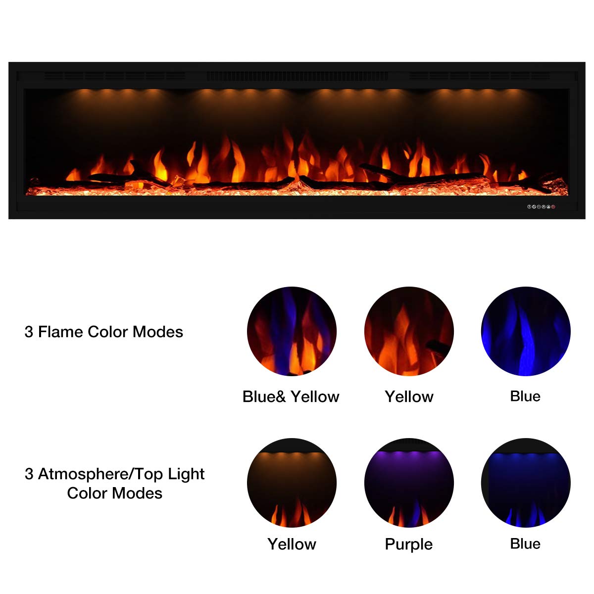 Valuxhome Electric Fireplace, 60 Inches Fireplace, Recessed and Wall Mounted Fireplaces for Living Room with Remote, Overheating Protection, Logset and Crystal, Touch Screen, 1500W/750W, Black Valuxhome