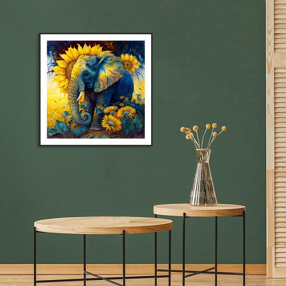 Stalente Diamond Painting Kits for Adults, Elephant Round Full Drill Diamond Art Kits, 5D DIY Paint with Diamonds Crafts for Home Wall Decoration Gifts 12×12Inch, Sunflower Stalente
