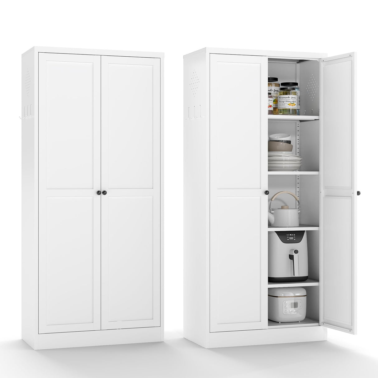 AQY Kitchen Pantry Cabinet,61" White Pantry Storage Cabinet with 4 Tier Adjustable Shelves and 2 Doors,Freestanding Cupboard,Metal Pantry Cabinets with Handle for Living Room Kitchen Assembly Required AQY