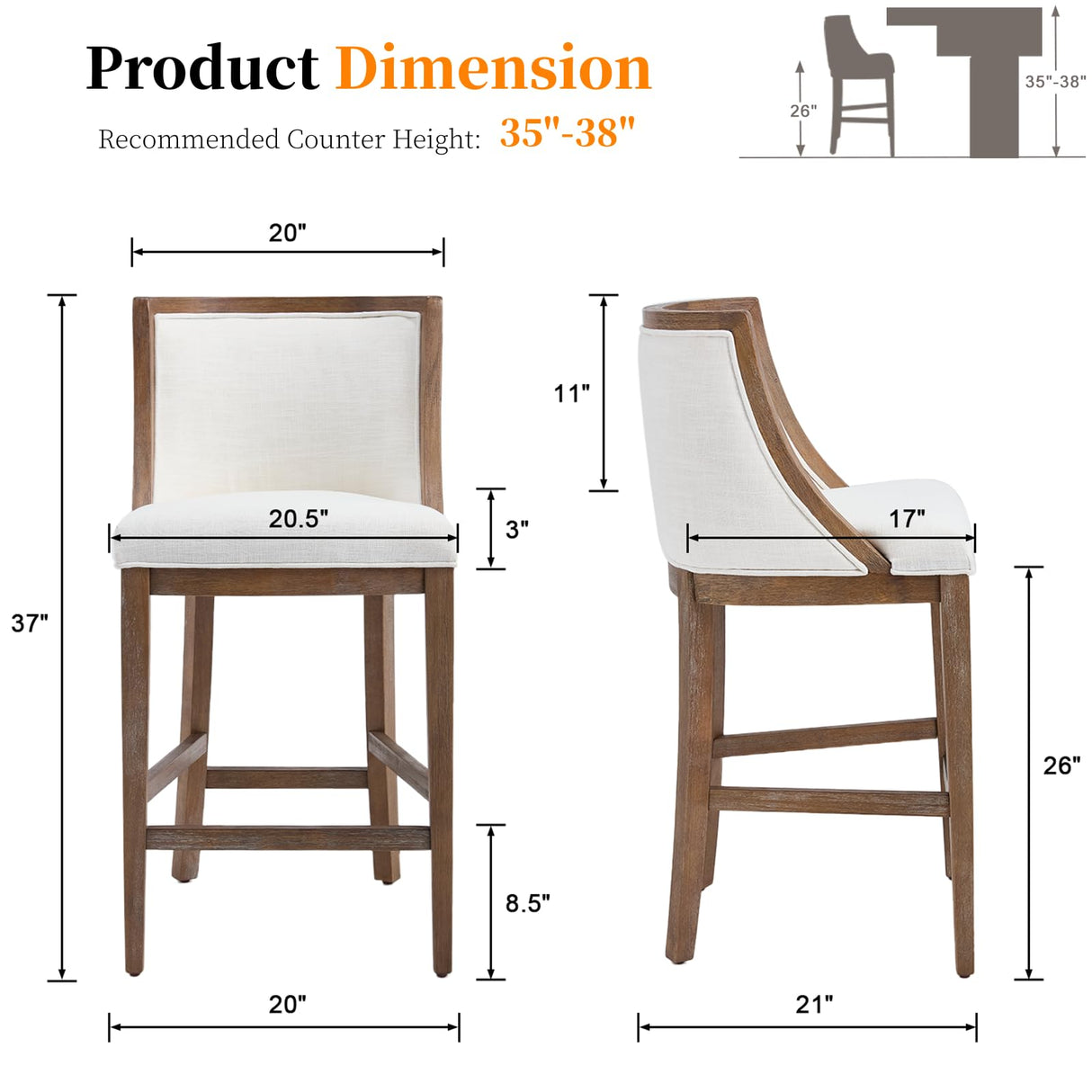 Kmax 26” Counter Height Bar Stool Set of 2, Farmhouse Upholstered Fabric Barstools with Curved Back and Solid Wood Legs, 20.5” W Bar Chair Counter Stool for Kitchen Island, Beige Kmax