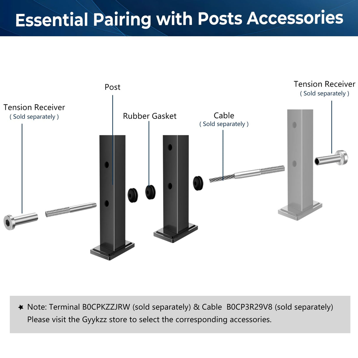 Gyykzz 42" Corner Post Cable Railing, 90° L-Drilled Black Corner Post with Cable Grommet, T304 Stainless Steel Cable Handrail Angle Post, Adjustable Top Metal Corner Post for Deck Railing System Gyykzz