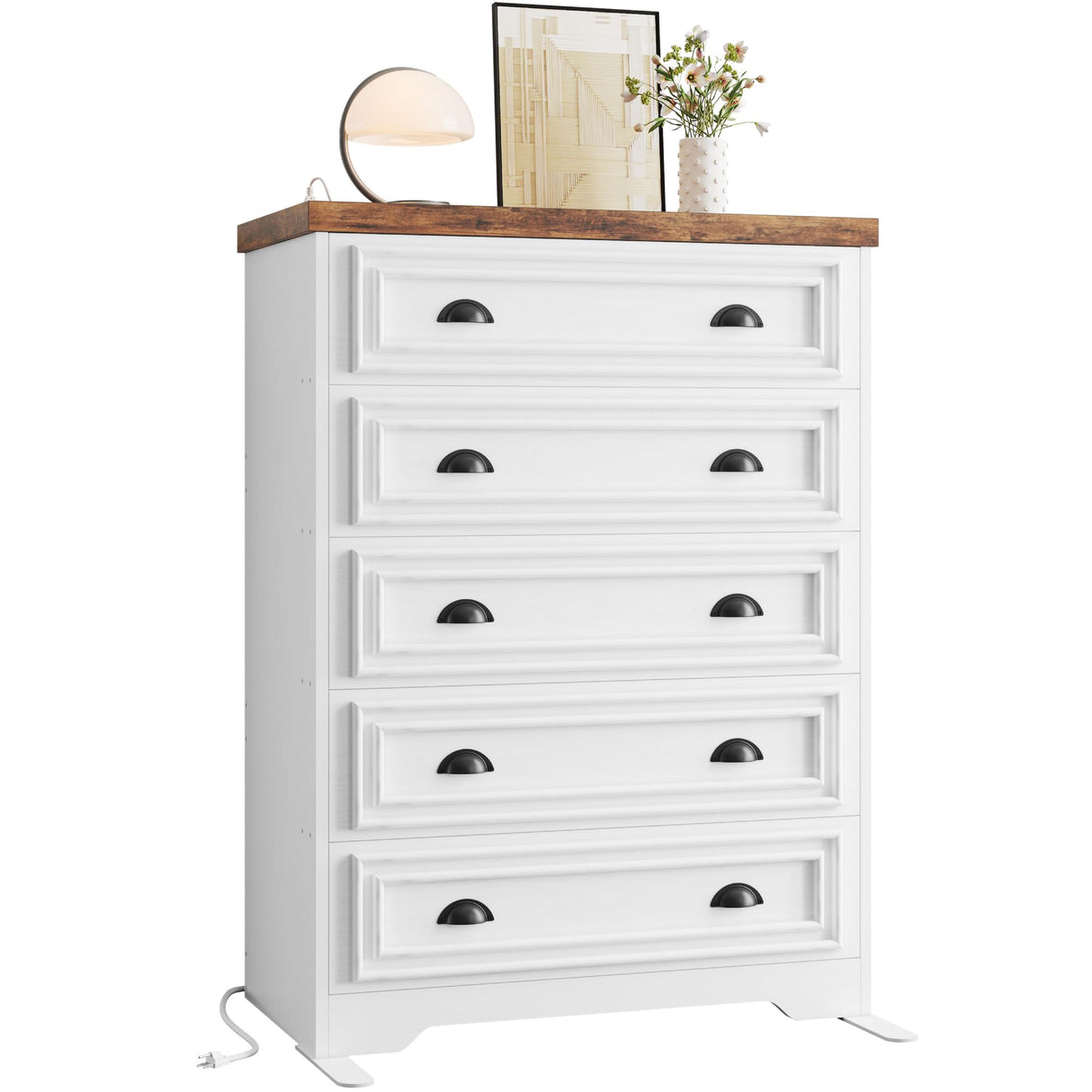 LIKIMIO 43" Tall 5 Drawers Dresser for Bedroom, Power Strip, Farmhouse Large Wood Dressers & Chest of Drawers with Wide Storage Cabinet, White LIKIMIO