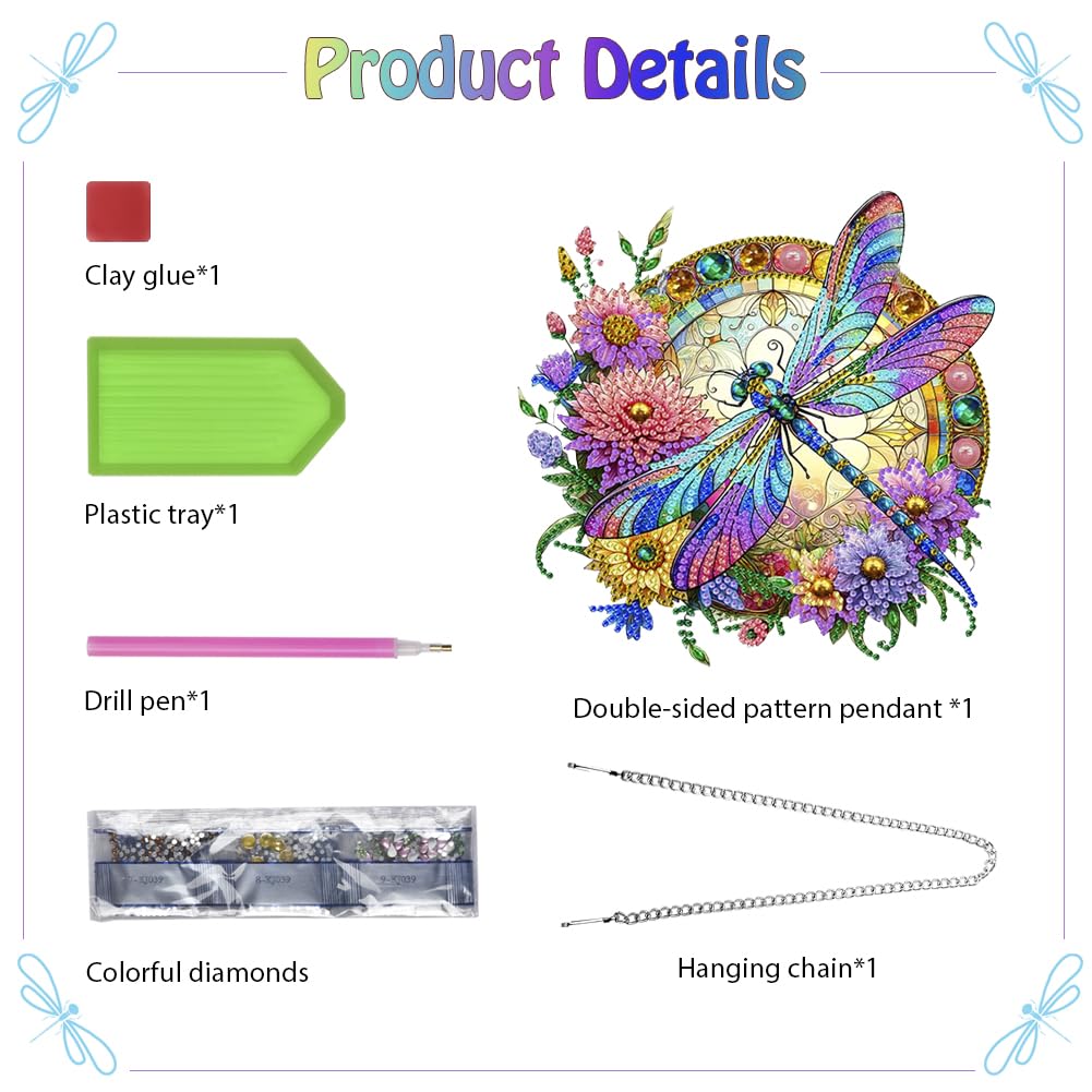 Koikify Diamond Painting Kits Hanging Pendant, Flower & Dragonfly Crystal Diamond Art Hanging Sign, Double-Sided Pattern Craft Ornament for Home Decoration and Gift Koikify