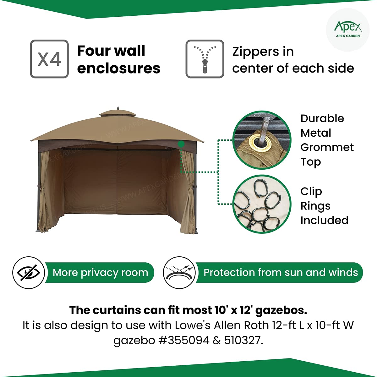 APEX GARDEN Four-Side Privacy Side Wall Curtain Set for 10-ft x 12-ft Gazebo (Beige) APEX GARDEN