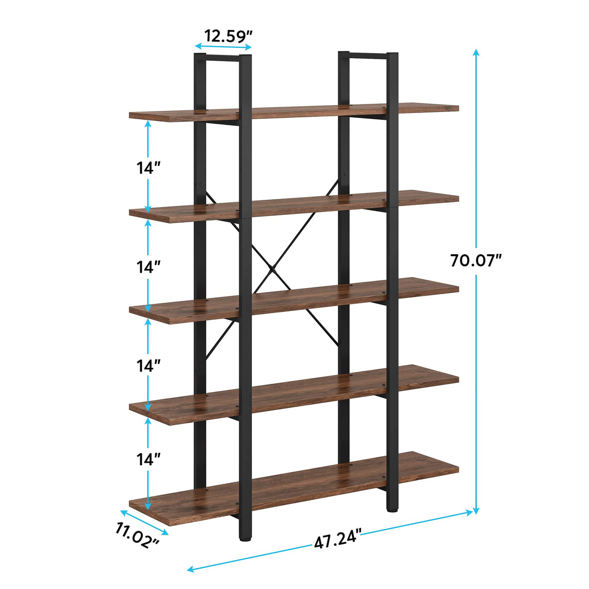 Tribesigns Vintage Industrial 5-Tier Bookshelf - Retro Brown, 72 H x 12 W x 47 L Inches Tribesigns