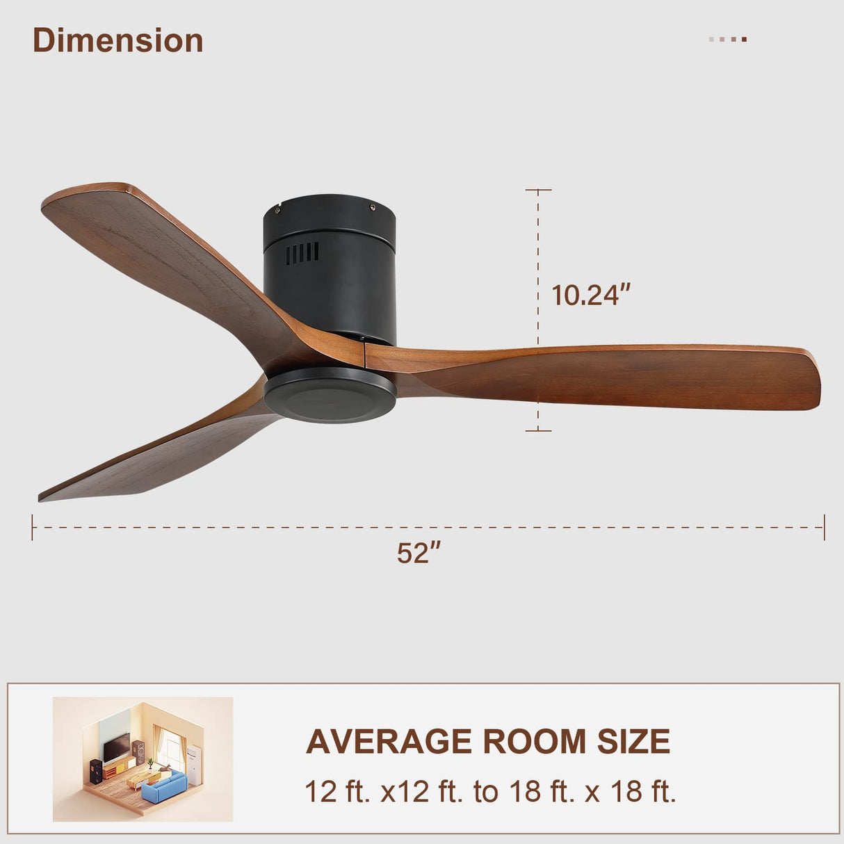 Sofucor 52" Low Profile Ceiling Fan with Remote Control, Outdoor Ceiling Fan No Light with 3 Walnut Blades, Multi-speed, Timer, Reversible DC Motor for Patio Living Room Bedroom Office Black Sofucor