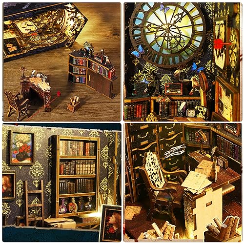 ISSEVE DIY Book Nook Kit, 3D Wooden Puzzle DIY Miniature House Kit for Booknook Shelf Insert Decoration, Magic Book House Stand Bookshelf Dollhouse for Adults with Sensor Light (Detective Agency)
