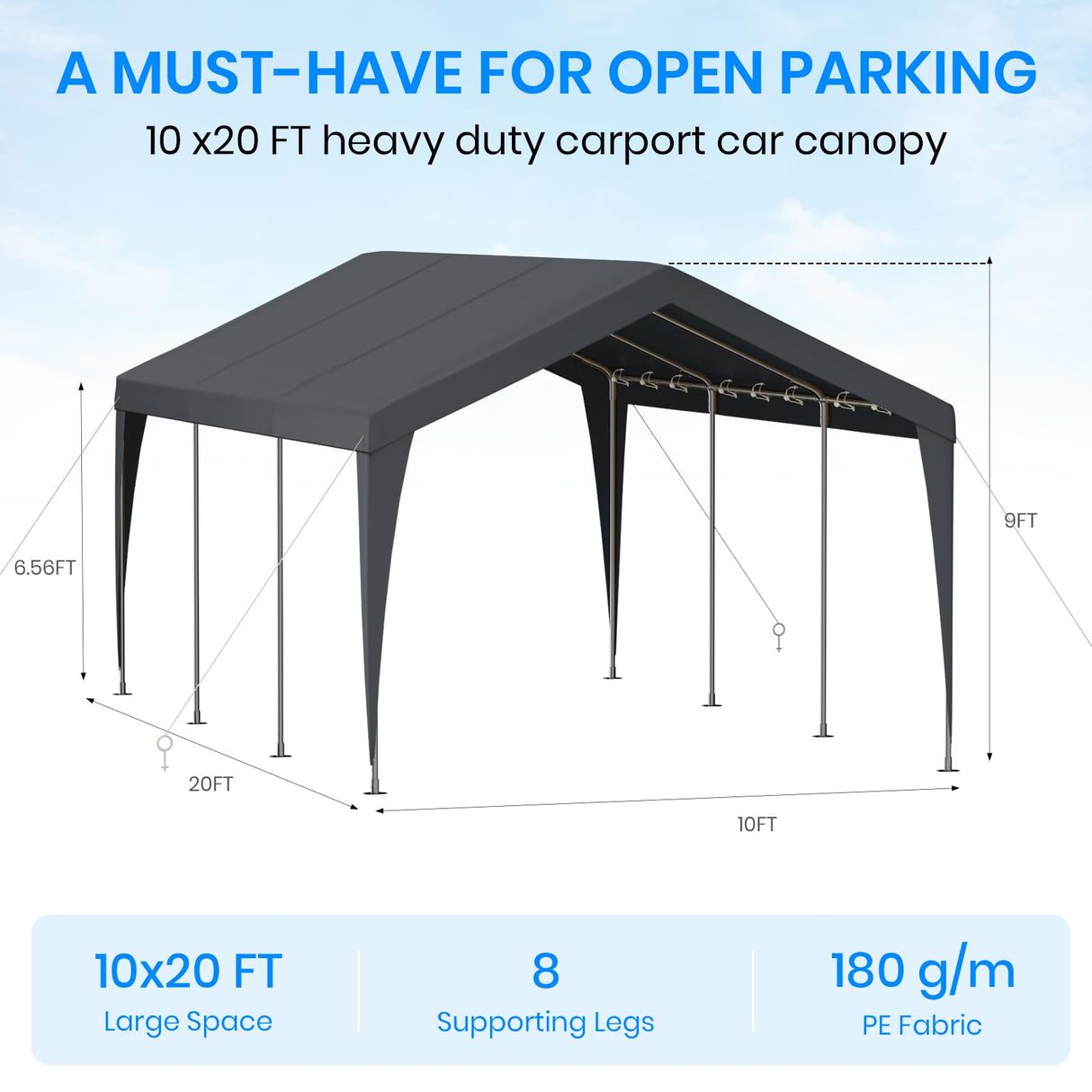 Carport 10x20 Heavy Duty Portable Garage,Galvanized Frame Carport Canopy,Portable Garages and Shelters with 8 Leg&4 Wind Rope,Car Tent Garage with All-Season Tarp for Boat Truck Bike,Without Sidewall BUPPLEE