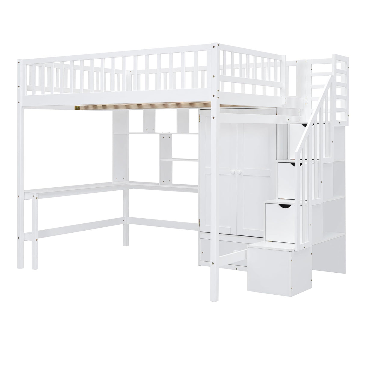 Merax Full Loft Beds Stairway Loft Bed Frame with Wardrobe, Desk, Bookshelf and Drawers, White Merax