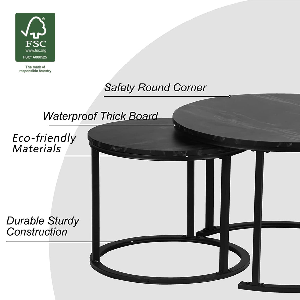 Round Nesting Coffee Set, Stackable Modern Accent Cocktail Table for Living Room Office Balcony,Nesting Tables 2 Piece with Solid Metal Frame and Easy Assembly (Black) EUROSAKURA