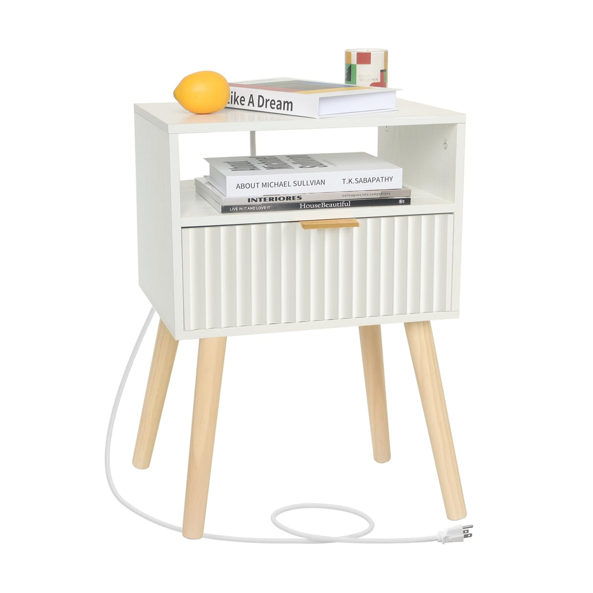 Fultyle White Nightstand with Charging Station, Modern Bedside Table with Drawer and Solid Wood Legs, Fluted End Side Table for Bedroom, Living Room, Small Space (White) Fultyle