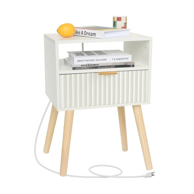 Fultyle White Nightstand with Charging Station, Modern Bedside Table with Drawer and Solid Wood Legs, Fluted End Side Table for Bedroom, Living Room, Small Space (White)