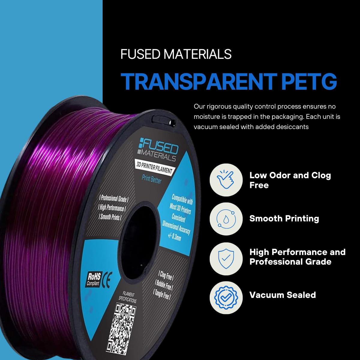 Fused Materials PETG 3D Printer Filament Fused Materials - 1kg Spool, 1.75mm, Dimensional Accuracy +/- 0.03 mm FUSED MATERIALS