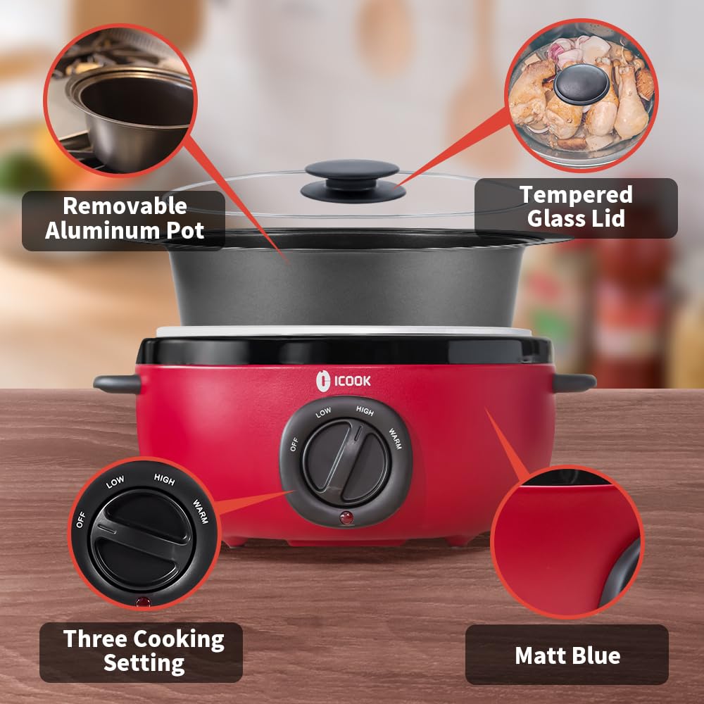 ICOOK USC-35-OP001RD 3.5 Quart Slow Cooker,Aluminium Sear/Sauté Stew Pot Stovetop safe,Dishwasher Safe,Glass Lid,Adjustable Temp,Food Warmer,Red ICOOK