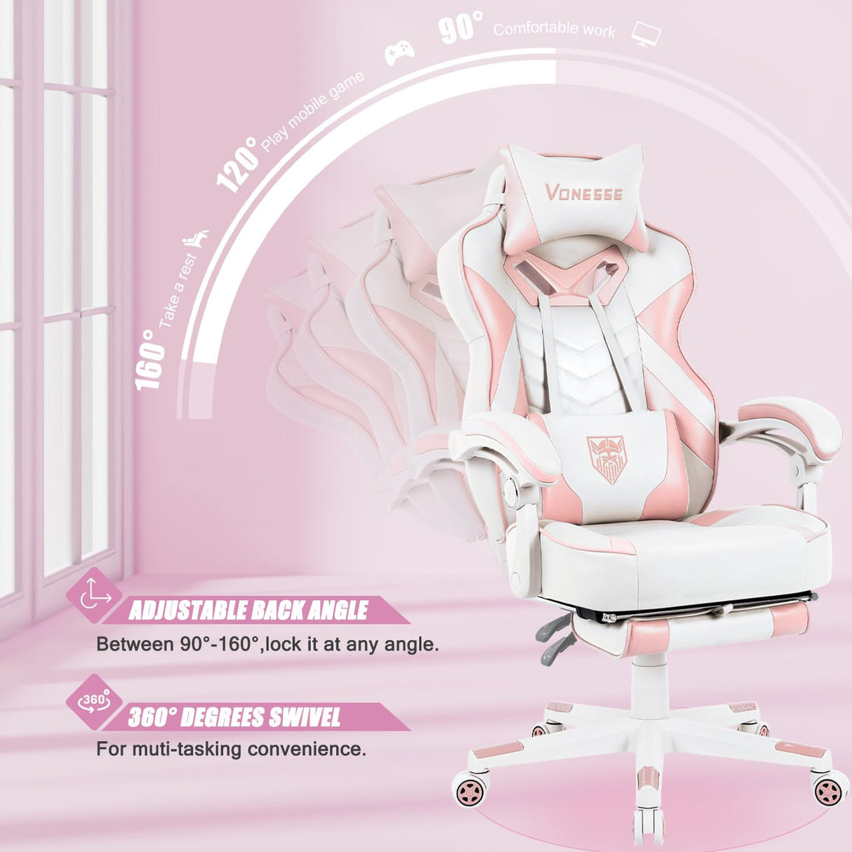 Vonesse Pink Gaming Chair for Adults,Girls Computer Chair with High Back,Big and Tall Gaming Chairs with Footrest and Massage,Reclining Gamer Chair(White/Pink) Vonesse