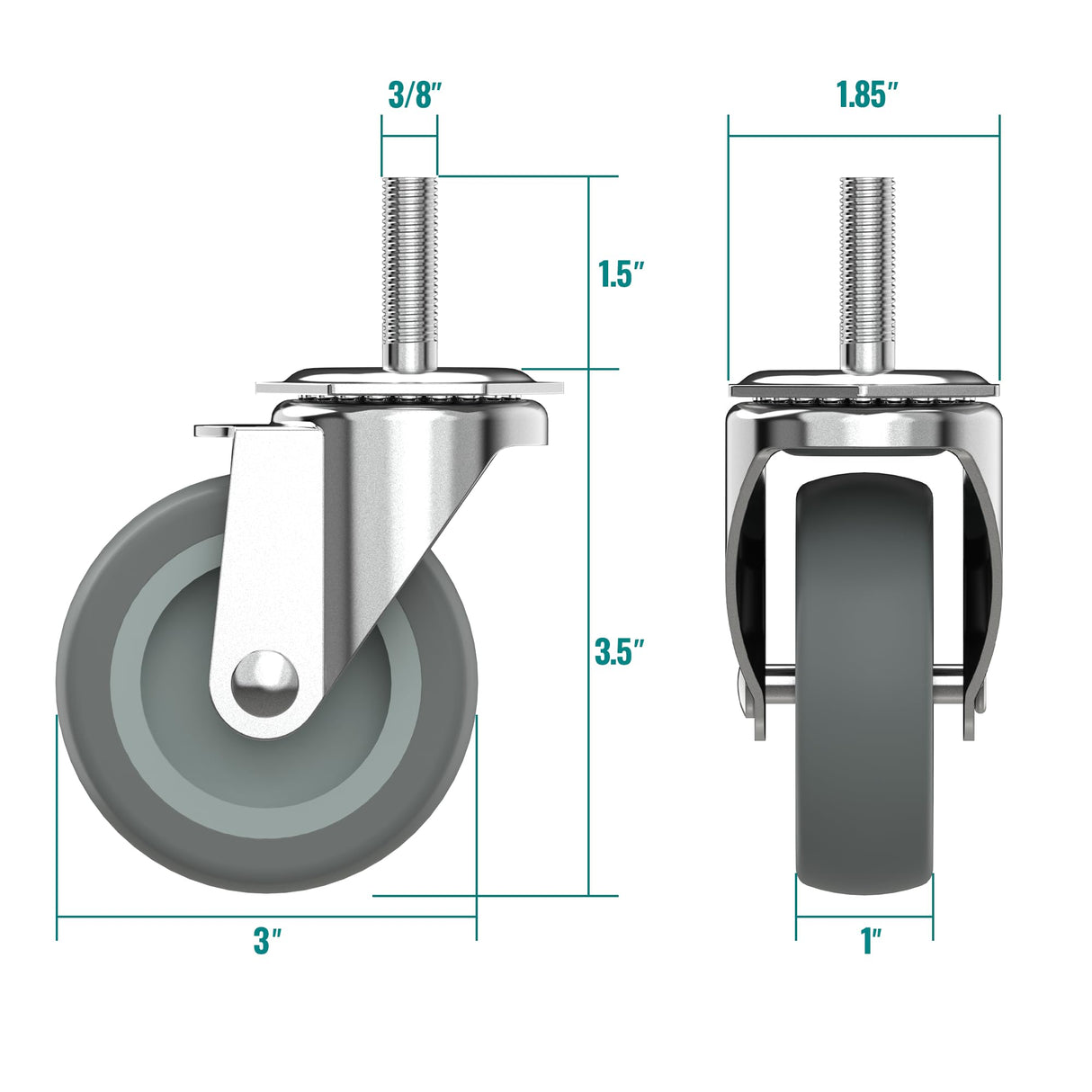 HOLKIE Caster Wheels 3 inch with No Brake Stem Casters, 3/8" -16 x 1-1/2" (Stem Diameter 3/8", Stem Length 1-1/2") Threaded Swivel Casters Set of 4 Heavy Duty Castors Grey HOLKIE