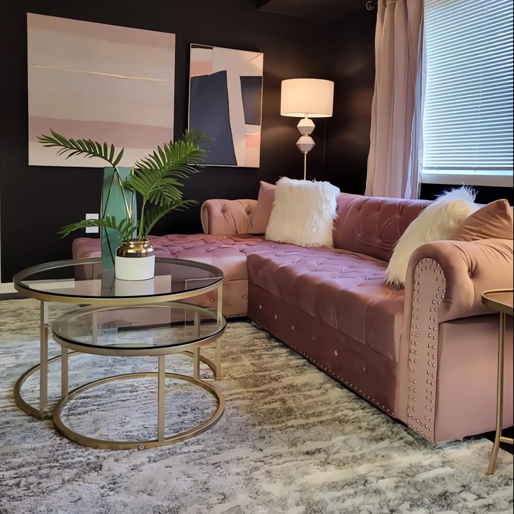 HEONITURE Gold Nesting Coffee Table Set of 2, Small Glass Nesting Tables for Living Room Bedroom, Accent Tea Table with Metal Frame HEONITURE