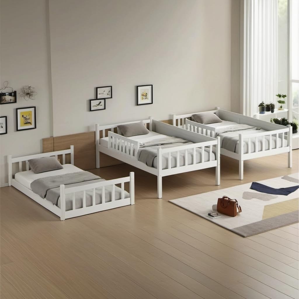 PVWIIK Twin Over Twin Over Twin Wood Bunkbeds with Ladder & Guardrails, Triple Bunk Bed w/Detachable Bunk Bed for Dorm, Bedroom,Guest Room,No Box Spring Needed,Easy Assembly, White PVWIIK