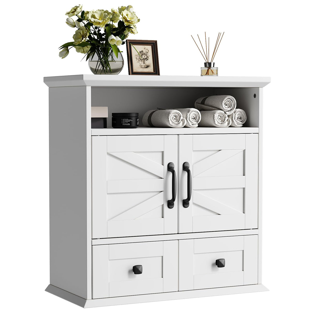 Seeday Bathroom Wall Cabinet, 23''Wx25''H Bathroom Cabinet Wall Mouted with Drawers, Barn Doors & Adjustable Shelf, Over The Toilet Storage Cabinet for Laundry Room, White Seeday