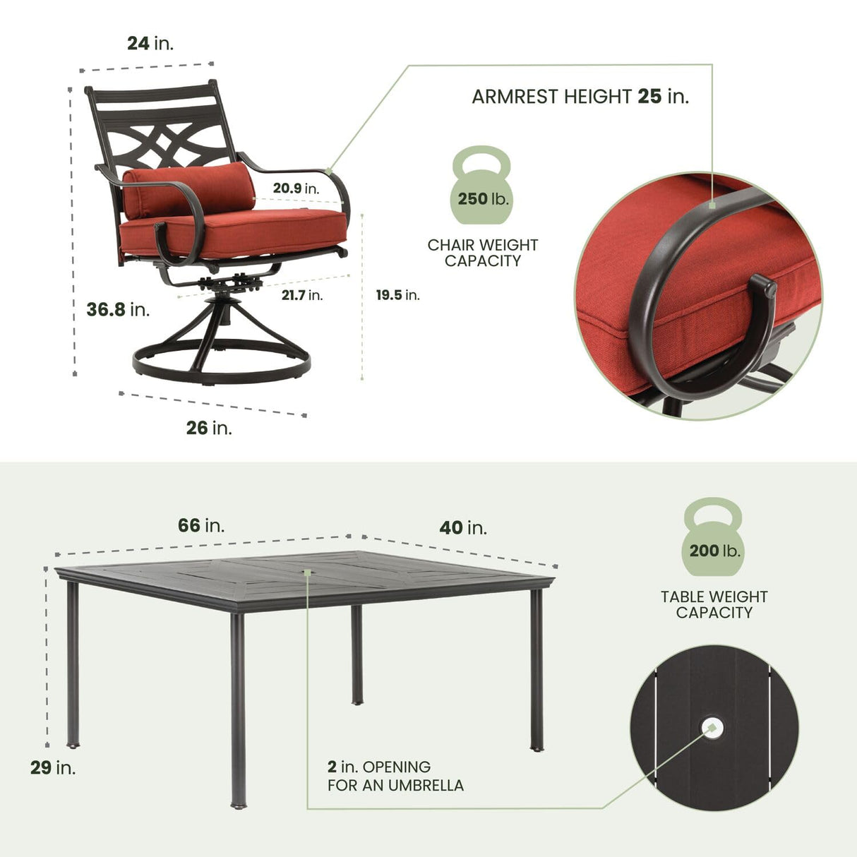 Hanover Montclair 7-Piece Outdoor Dining Set with 6 Swivel Rockers, Chili Red Cushions and Stamped Steel Rectangular Dining Table, Patio Dining Set for 6, Premium All-Weather Patio Furniture for Deck Hanover