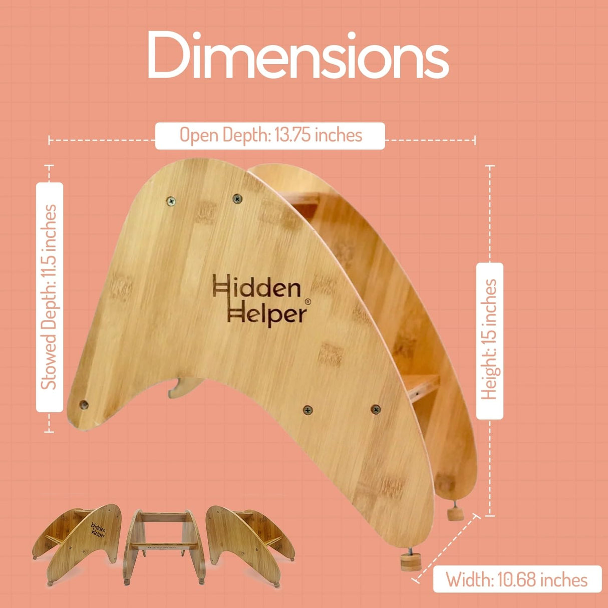 Hidden Helper Stow-Away Kid's Step Stool, Montessori Folding Two-Step Stool for Child Independence, Bamboo Wood Toddler Stepping Stool for Bathroom and Kitchen Hidden Helper