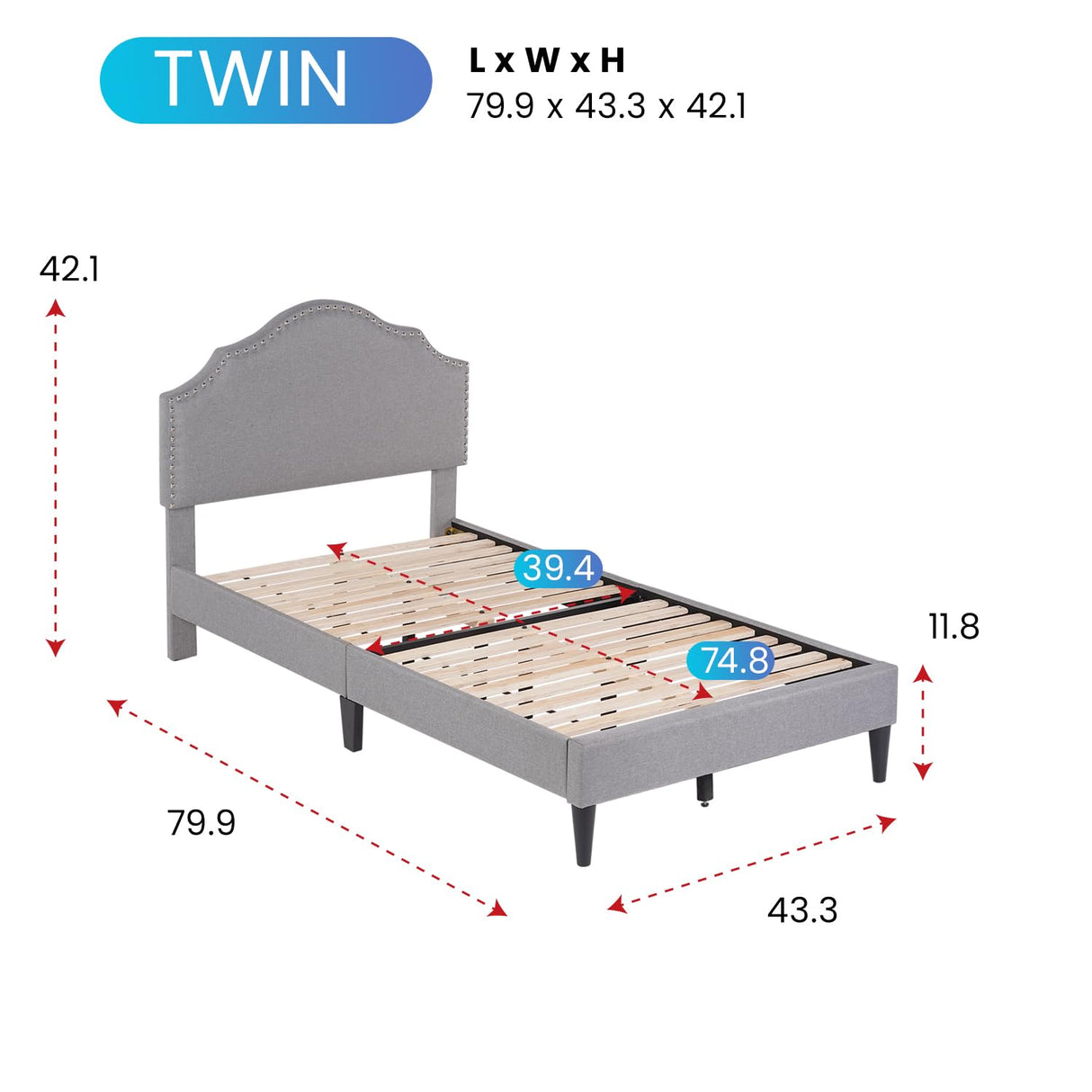 PayLessHere Upholstered Twin Platform Bed Frame Mattress Foundation with Fabric Headboard and Wooden Slats Support, Fully Upholstered No Box Spring Needed Non-Slip and Noise-Free PayLessHere