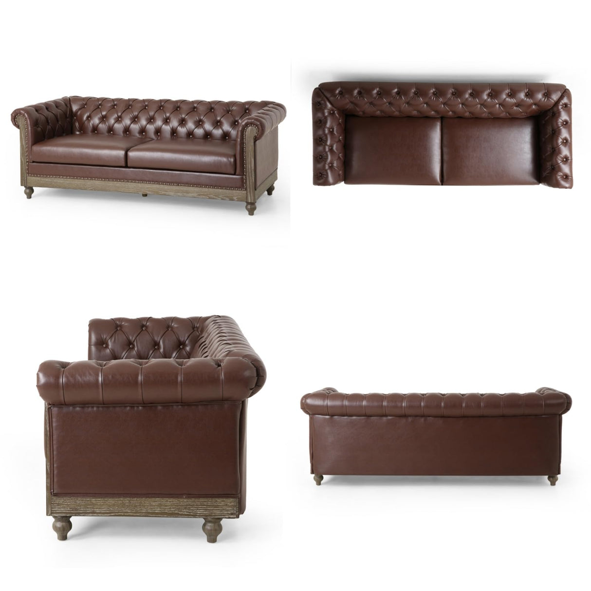 Merax PU Chesterfield Sofa, Retro Style Upholstered 3 Seater Leather Couch Rolled Arm for Living Room Bedroom Office, Dark Brown Merax