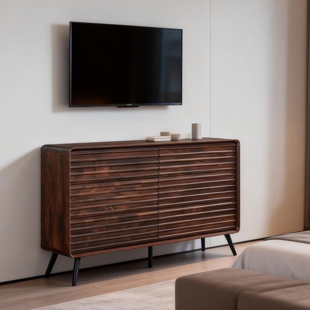 RedLemon 6 Drawers Dresser for Bedroom, 54'' Wide Mid Century Modern Wood Fluted Double Dresser, Chest of Drawers with Tapered Leg for Bedroom, Living Room, Hallway, Closet, Dark Walnut RedLemon