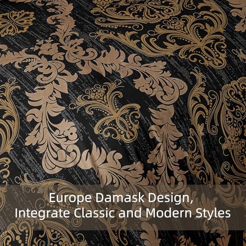 WONGS BEDDING Black Comforter Set California King Size, Gold Damask 7 Pieces Bed in a Bag Microfiber Comforter Bedding Sets -1 Comforter, 1 Flat Sheet, 1 Fitted Sheet, 2 Pillow Shams, 2 Pillowcases WONGS BEDDING