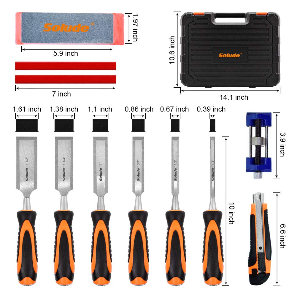 SOLUDE 11Pcs Wood Carving Chisel Set,Heated Treated Cr-V Woodworking Chisels Tool Kit with Sharpening Stone,Honing Guide,Carpenter Pencils SOLUDE