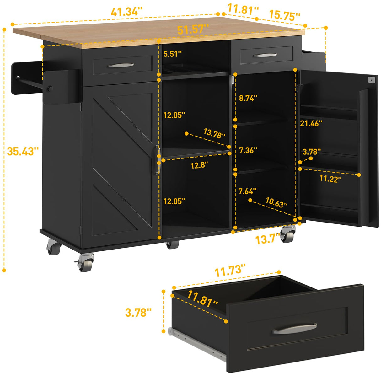 knoworld 51.5'' Rolling Kitchen Island with Storage Cabinet & Drawers, Drop Leaf Kitchen Cart on Wheels, Farmhouse Portable Mobile Islands, Large Butcher Block Table with Tower/Spice Rack, Black knoworld