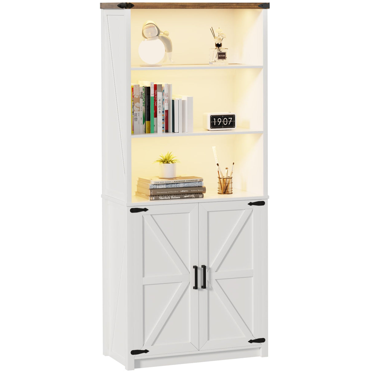 FREDEES Farmhouse White Tall Bookcase with LED Lights and Storage Cabinet, 30" W x 69" H FREDEES