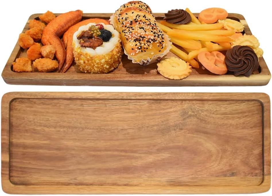 13.8 Inch Solid Wood Serving Platters and Trays of Natural Acacia Wood with Edge,Rectangular Avoid Sliding and Spilling Food Clarmonde
