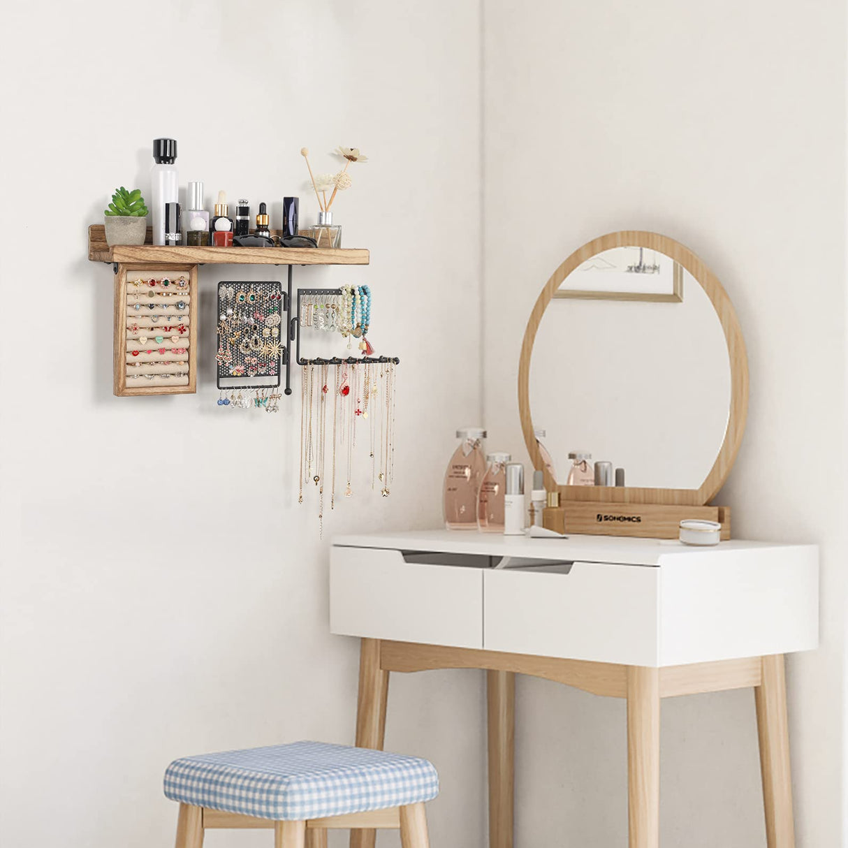 SOLIMINTR Hanging Jewelry Organizer Wall Mount with Rustic Wood Shelf, Ring Display Box, Ear Studs Earring Holder, Rotating Necklace Holder Organizer SOLIMINTR