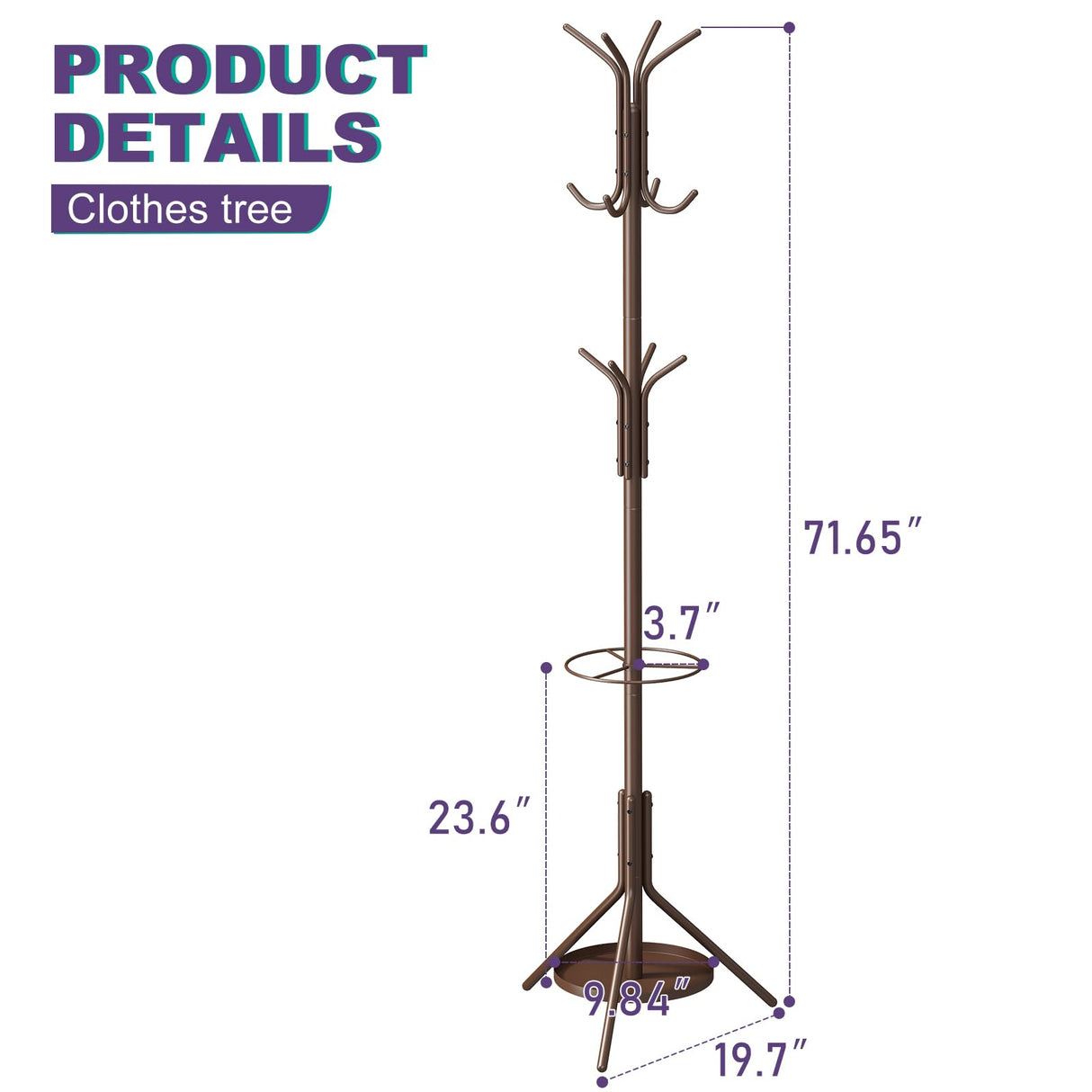 Wieghda Coat Rack Freestanding,Entryway Hanger Stand,Umbrella Holder,Hall Tree With 12 Hooks, Floor Standing Metal Tree Stand,brown Wieghda