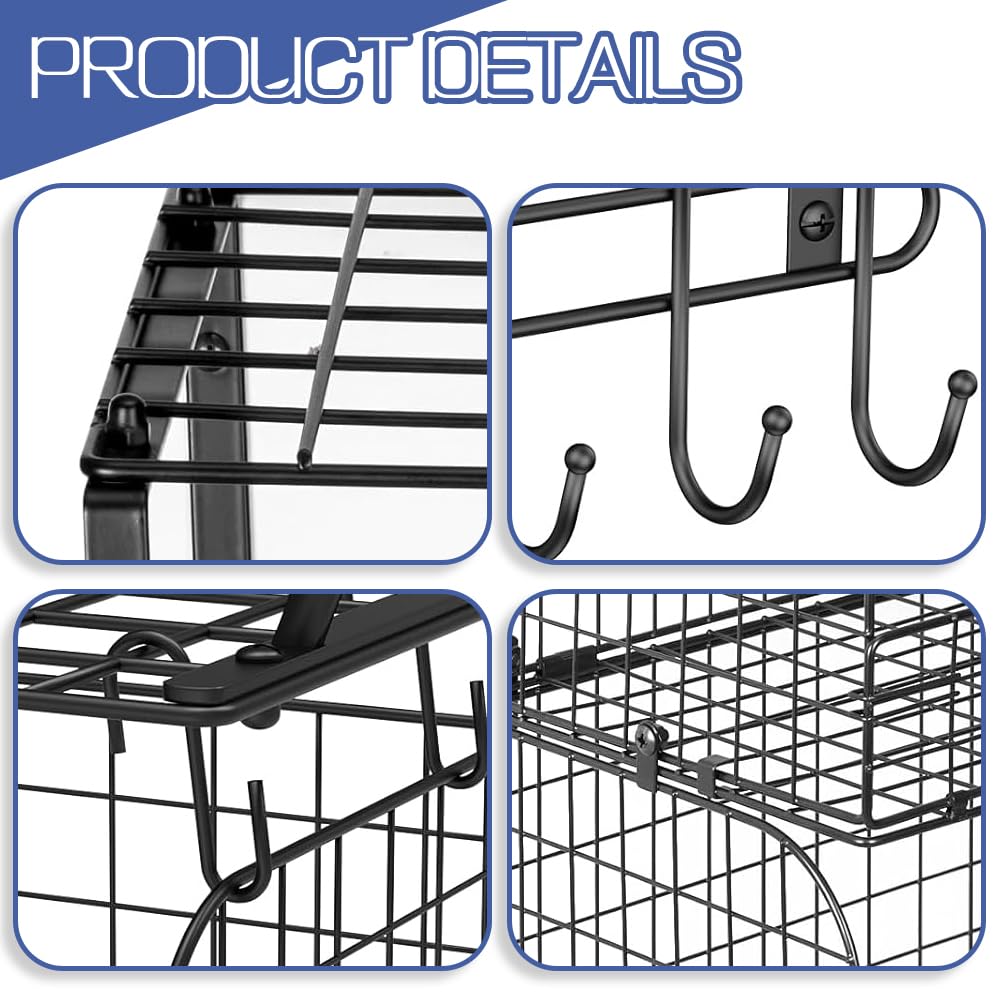 PSUTBPAT Garage Shelf Wall Mounted with Wire baskets, Heavy Duty Garage Wall Shelving with Garden Tool Storage und Hooks, Wire Shelf Baskets for Home Garden Garage Organization and Storage PSUTBPAT