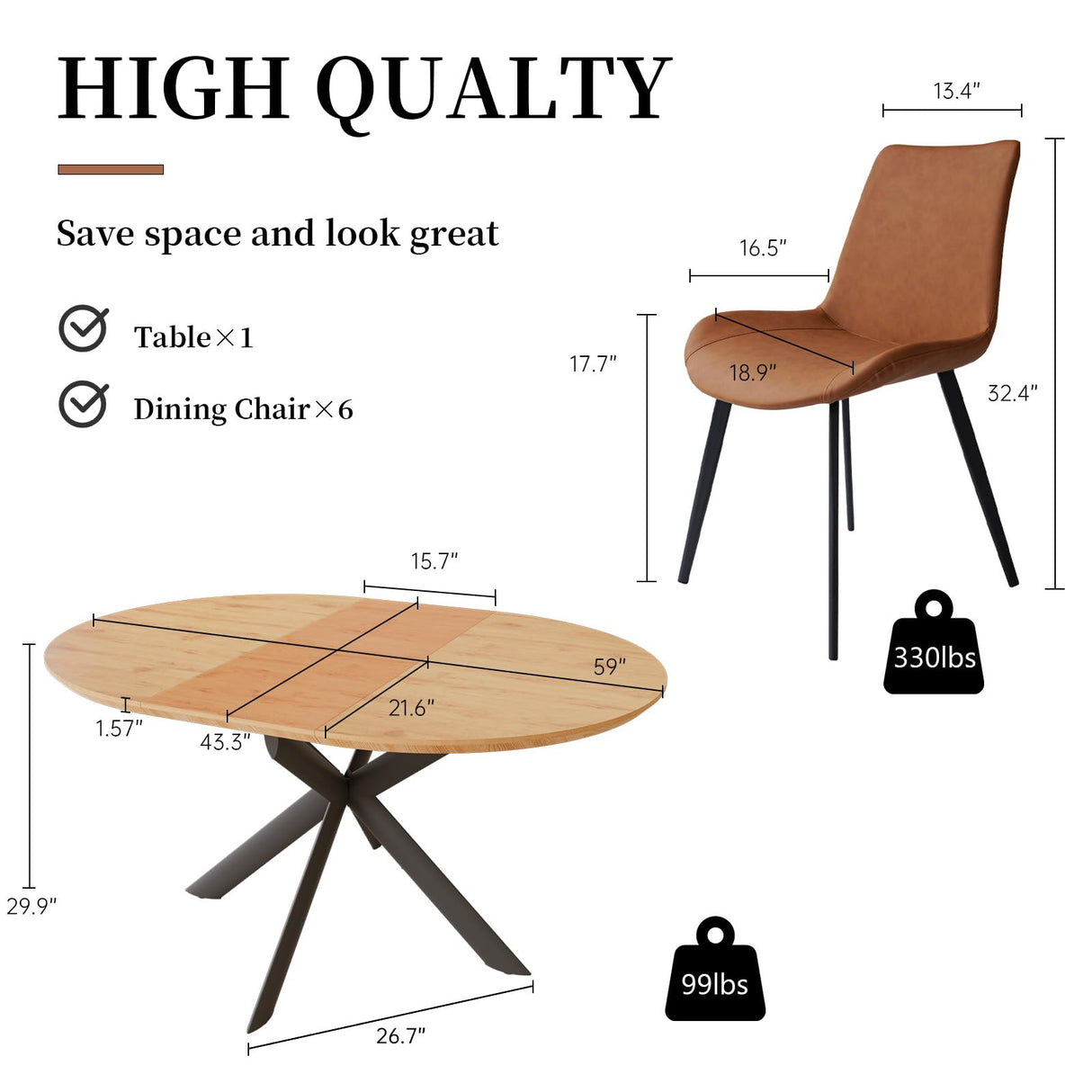 HIPIHOM 43.2"-59.1" Extendable Round Dining Table Set, Mid Century Wooden Round Kitchen Table, Oak Coffee Table for 4-6 Person,PU Leather Chair HIPIHOM